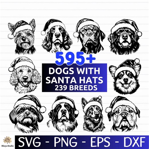 595  Dogs With Santa Hats SVG Bundle - 239 Dog Breeds | Christmas Dog Clipart | Festive Pet Silhouettes | Digital Download Svg Png Eps Dxf - Etsy
