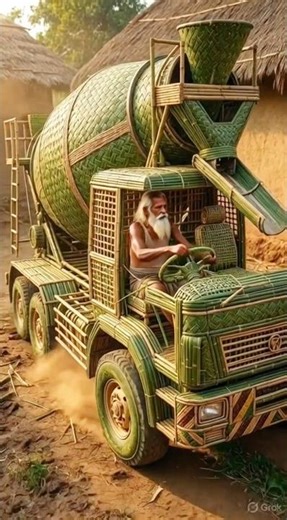 Old Man Builds a Giant Cement Mixer Truck Using Only Leaves 😱