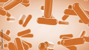 Capsules are moving upward on a orange background. Tablet pills capsules float slowly in slow motion. 3d Loop Animation, 4K Stock Video