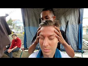 💈$.60 STREET BARBER HAIRCUT, HEAD MASSAGE & Straight RAZOR SHAVE by "Aji" 🇮🇩 Bandung Indonesia ASMR