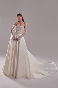Satin & Lace Wedding Dress Evelyn With Detachable Sleeves and Cathedral Train | Ball Gown - Etsy