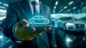 Businessman with smartphone, hologram car icon above, auto on background. Intelligent car app on smart phone concept. Man hailing cab