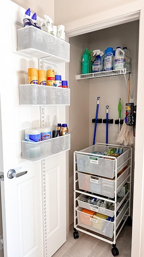 The Container Store on Instagram: "Triple your utility closet storage with two Elfa solutions! 💙👏 Right now, you can SAVE 35% ON ALL ELFA for a limited time. The Container Store Ambassador @tidycademypro used the Elfa Utility Mesh Over the Door Rack and the Elfa Mesh Kitchen Cart to maximize storage space. #TheContainerStore #storagesolutions #utilityroom #diyhome #diyproject #organizingtips #organizeyourlife #homehacks #closetorganization #cleaninghacks"