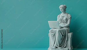 A Greek statue of an ancient woman sitting on her laptop, solid blue background
