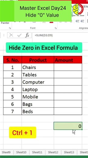 Hide "0" sum value Master Excel Day 24#excel #shorts #education