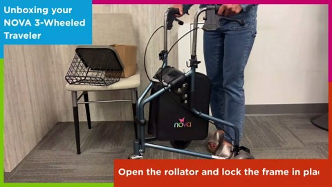 NOVA Traveler Folding 3-Wheel Walker with Tray, Basket, Pouch & Cup Holder, Lightweight Mobility Aid for Seniors & Adults, 8” All-Terrain Wheels for Tight Spaces & Travel, Sky Blue