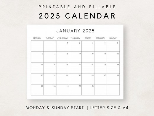 2025 Calendar Printable, Monthly Calendar 2025, Fillable Calendar, 2025 Planner Printable, Minimalist Calendar, Simple Clean Calendar - Etsy