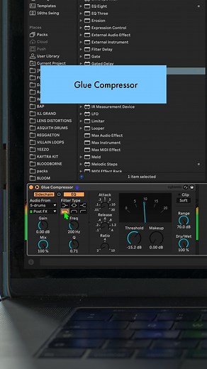 Ableton on Instagram: "Use Glue Compressor’s EQ to pick the kick out of a busy drum loop, and sidechain your melodic parts to the pulse of your track. #ableton #musicproducer #beats"