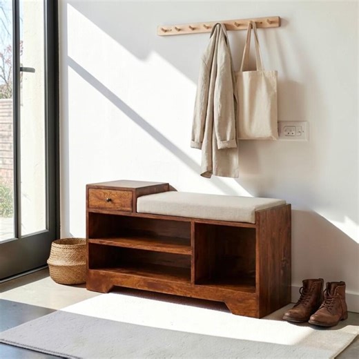 Rustic Chestnut Shoe Storage Bench With Cushioned Seat, Drawer & Open Shelves – Solid Mango Wood Entryway Organizer for Home - Etsy