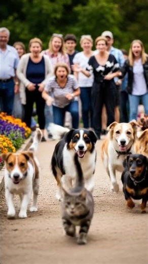 A pack of dogs is chasing a cat #cat #dogs #trending #shorts