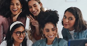 Happy, phone or employees take a group selfie at work on lunch break for team building in an office room. Smile, teamwork or excited marketing team take pictures for social media at a startup company