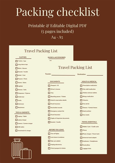 Travel Packing List Printable | Editable PDF Checklist | A4 & A5 | Vacation Planner | Instant Digital Download - Etsy