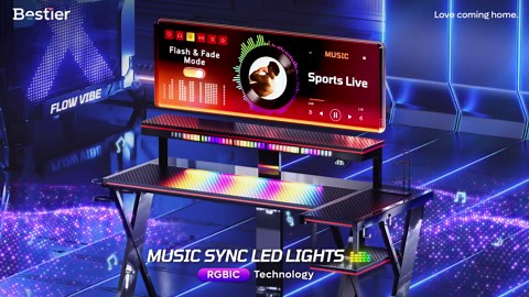 Bestier Computer Desk with Music Sync Light, Flow Vibe Corner Desk with Monitor Stand and PS5 Storage Shelves, Cup Holders, and Headset Hooks for Bedroom Small Space (Black Purple, 42 Inch)