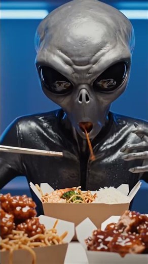 ASMR alien eating orange chicken and noodles