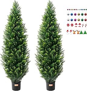 VEVOR Artificial Topiary Cedar Tree, 60 inch Tall (2 Pieces), with Extra Leaves & Pot Faux Evergreen Fake Pine Cypress Trees Plant, UV Rated Artificial Greenery Set for Home Decor Indoor/Outdoor