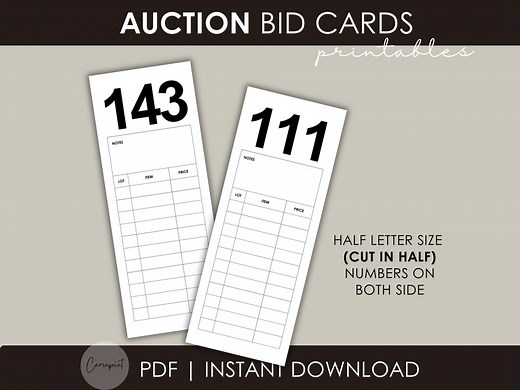 Auction Bid Card Printable Bid Cards With Notes, Numbered Card, Fundraising Numbers, Auction Printable, Bidding Form, School Auction Charity - Etsy