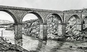 A detailed pencil drawing of a stone bridge with multiple arches spanning a river, with a small village in the background.