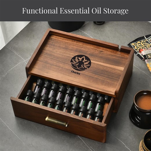 Essential Oil Storage Box Acacia Wood Organizer With Drawer Custom Engraved Diffuser Cable Slot Gift for Aromatherapy Meditation Space - Etsy