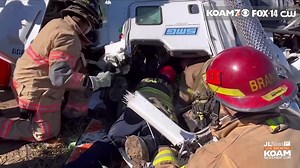 5.3K views · 120 reactions | #KOAMbreaking Cement truck overturns, firefighters work to rescue driver trapped in mangled wreckage >> Click https://bit.ly/46PTVwg — (...+) It took about an hour to free the driver, transported to hospital. | Joplin News First | Facebook