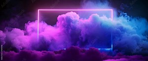 Blue and Purple Neon Light Frame with Cloud Formation. Square shaped Fluorescent Frame in Dark
