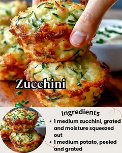 Crispy Parmesan Zucchini Potato Muffins 🕒 Prep Time: 15 min | Cook Time: 25 min | Total Time: 40 min Ingredients 1 medium zucchini, grated and moisture squeezed out 1 medium potato, peeled and grated 1 cup grated Parmesan cheese ½ cup all-purpose flour 2 large eggs ¼ cup green onions, chopped (optional) ½ tsp garlic powder ½ tsp onion powder ½ tsp salt ¼ tsp black pepper ¼ tsp paprika Cooking spray or olive oil (for greasing muffin tin) Instructions Preheat oven to 375°F (190°C). Lightly grease