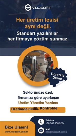Modsoft Bilişim Teknolojileri on Instagram: "Her üretim tesisi aynı değil. Bu nedenle standart yazılımlar her firmaya çözüm sunmaz. Modsoft, sektörünüze ve firmanıza özel uyarlanan üretim yönetim yazılımı ile üretim süreçlerinizi net, izlenebilir ve kontrol edilebilir hale getirir. 🔹 Sektöre özel yapı 🔹 Firmaya özel uyarlama 🔹 Saha izlenebilirliği 🔹 Hızlı teslim ve güvenilir altyapı Üretimde netlik. Kontrolde siz. 📞 +90 542 156 5294 ✉️ info@modsoft.com.tr 🌐 www.modsoft.com.tr #ÜretimYöneti