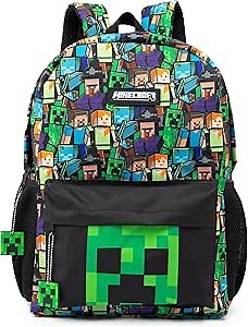 Minecraft Backpack For Boys | Kids Gamer Black School Rucksack | Green Creeper Zombie Skeleton Enderman & Cave Spider