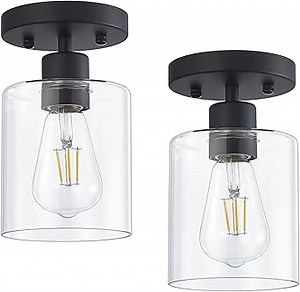 1 Light Semi Flush Mount Ceiling Light Black Kitchen Lighting Fixtures Ceiling Light Fixtures Small Hallway Lights with Clear Glass Shade for Bedroom Set of 2