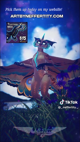 Introducing my newest #vrchat asset! The 🦋 Flutterby Wings 🦋! These lovely wings were inspired by a piece of artwork by Fro_Ventures on twitter, and with their permission I adapted the design into VR! Pick them up on my website today to add a bit of magic to your models. 💜💠 #vrcfury #asset #wings #butterfly