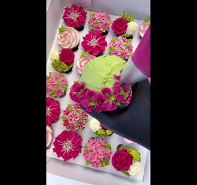 Baking expert makes two-toned buttercream hydrangea floral cupcakes with precision