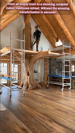 Rustic home construction reveals stunning, sculpted indoor treehouse transformation.