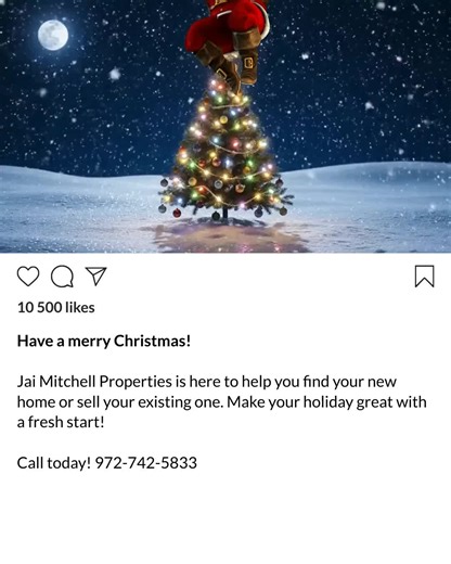 Have a Merry Christmas from Jai Mitchell Properties. We would be just as happy as Santa to assist you with your home buying or selling needs. The market is steadily changing. If you're planning, let's plan together and discuss your options. Call today! 972.742.5833 jai.mitchell@orchard.com www.jaimitchellproperties.com #HomeEquity #HomeBuyers #HomeSales #NewConstructionHomes #Homebuyereducation #Newhomebuyer #Homebuyeradvice #1sttimehomebuyer #Homebuyerseminar #Homebuyereducation #homebuyerjourn