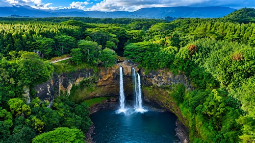 Two giant waterfalls drop into one Hawaiian valley