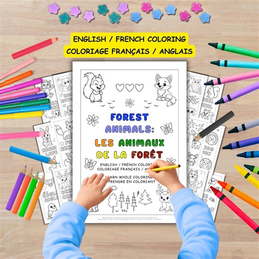 FOREST ANIMALS Bilingual Coloring Pages Kids - English French PDF Printable - Coloriage Bilingue Anglais Français - Animaux De La Forêt - Etsy
