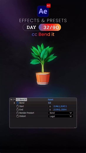 XO MULTIMEDIA on Instagram: "Day 32/90 – CC Bend It Effect 🦋 Today is Day 32 of our 90 Days After Effects Challenge, and we’re exploring CC Bend It, a distortion effect that bends your layer between two points, perfect for smooth curves, animated bends, and playful motion graphics. ✨ What is CC Bend It? CC Bend It bends your layer along a line between a start and end point. Great for waving objects, bending text, character animation, or adding organic motion. ✨ How to Use: - Select layer → Effe