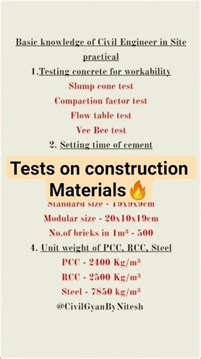 ⭐Civil Engineering Basics in 10 sec|Slump Test, Cement Setting, Brick Size, PCC/RCC Unit wt #shorts