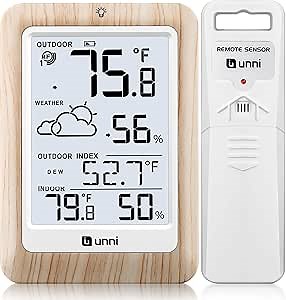 Indoor Outdoor Thermometer Wireless Weather Station, Temperature Humidity Monitor Battery Powered Inside Outside Thermometers with 330ft Range Remote Sensor and Backlight Display（Wood）