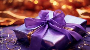 A purple gift wrapped in a purple ribbon. Perfect for birthdays, anniversaries, or any special occasion.