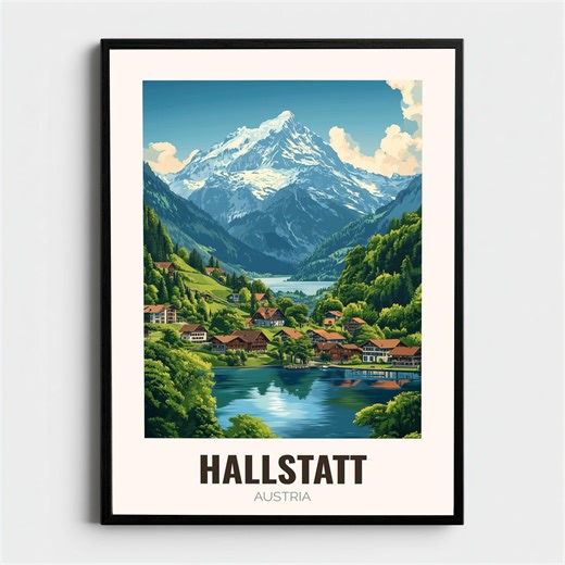 Hallstatt Austria Poster Vintage Travel Print Lakeside Village Wall Art Hallstatt Lake Print Alpine Travel Poster Framed Home Decor Gift - Etsy
