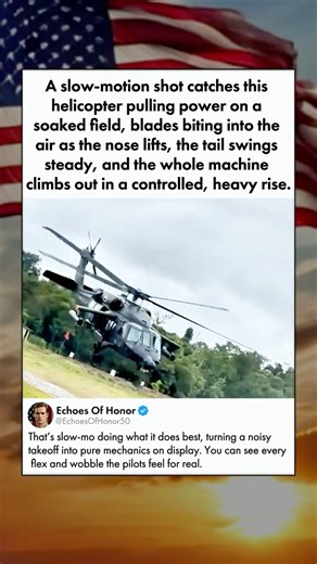 A slow-motion shot catches this helicopter pulling power