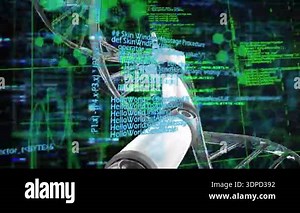 Animation of dna strand spinning and data processing with robot's arm over grid. global science, research and data processing concept digitally generated video.