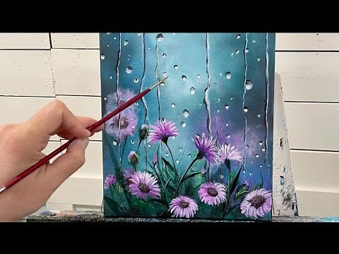 How To Draw And Paint RAINY WINDOW AND FLOWERS | acrylic tutorial