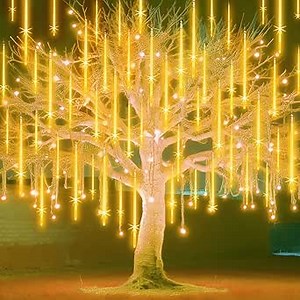 EAGWELL Outdoor Christmas Lights 16 Inch 20 Tubes Meteor Shower, Warm White Falling Rain Drop Icicle String Lights, Cascading Snow Effect Waterproof Xmas Decor for Tree Wedding Party Garden Holiday