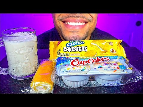 ASMR GOLDEN OREO BIRTHDAY CUPCAKES STRAWBERRY SHORTCAKE ROLLS WITH MILK EATING SOUNDS