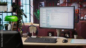 Lines of code written on PC workstation screen on development tool application. Debugging software programming language displayed on computer monitor in living room office