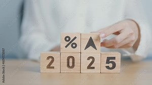 2024 to 2025 New year with percentage change to UP and Down arrow. Interest rate, GDP, stocks market, financial, deflation and Inflation, mortgage, debt, Loan and Economic Recession