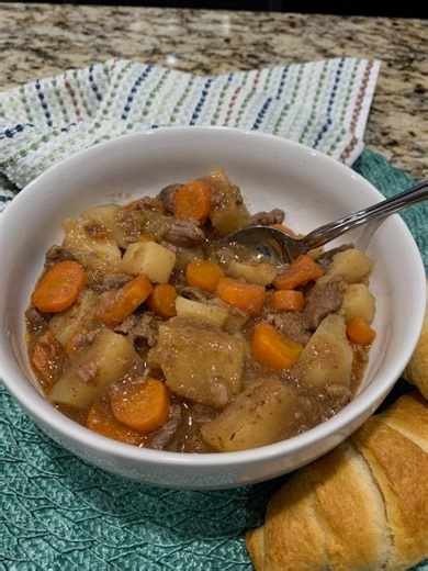 Tastiest Crockpot Beef Stew! Your family will want seconds of this tasty beef stew. You can't go wrong using a crockpot, especially when life is so busy. This is cozy and absolutely delicious. And there are so many veggie options, so enjoy switching them up. A little side note, those crescent rolls really top off this meal wonderfully. #dinner #beef #comfortfood #slowcooker | Scott & Karen