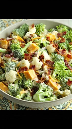 This Loaded Broccoli Cauliflower Salad is the kind of dish that makes you feel like summer never has to end, with crispy bacon and creamy dressing that will have everyone asking for seconds. Trust me, it’s the salad everyone will be raving about at your next gathering! #broccolicauliflower #lowcarb #summersalad #easyrecipe #gatheringsnap Full recipe’s in the comment 👇 | Recipes & Cooking Guide