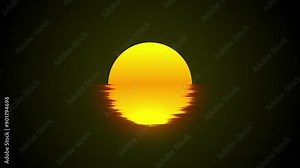 Rising sun with water reflection 4K. Yellow planet slowly rising over the horizon.