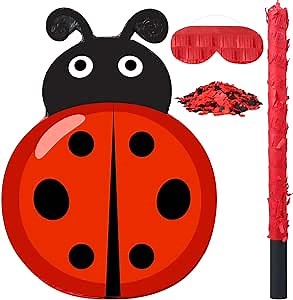 Pasimy Ladybug Piñata with Blindfold Bat Confetti Decorations Ladybug Birthday Party Supplies Summer Parties Game Insect Party Piñata Carnival Decorations, 16 x 11.8 x 2.9 Inches